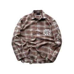 False Perception Cracked Cross Distressed Plaid Flannel