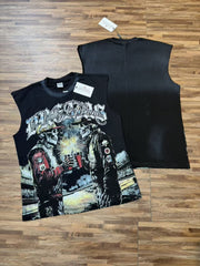 Cross border fashion brand VALE, European and American high street direct spray printing, washing water to make old, sleeveless T-shirt with shoulder, summer men's and women's fashion