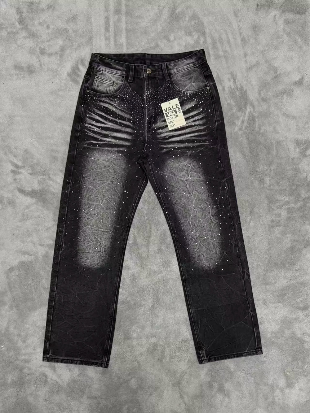 Vale's new trendy plus size jeans for men and women, black street rhinestone straight leg loose pants, suitable for all seasons