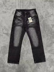 Vale's new trendy plus size jeans for men and women, black street rhinestone straight leg loose pants, suitable for all seasons