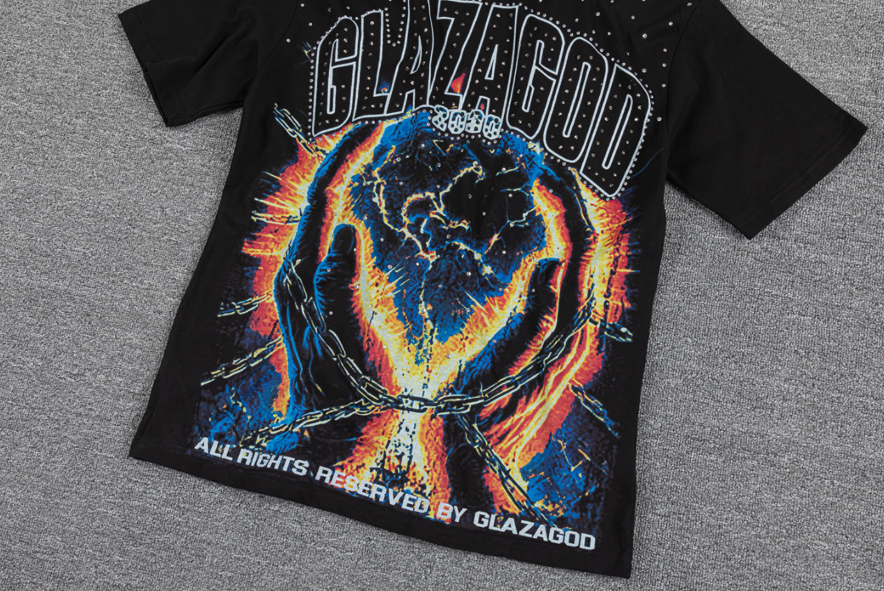 GLAZAGOD 2000 Rhinestone Cosmic Graphic T-Shirt