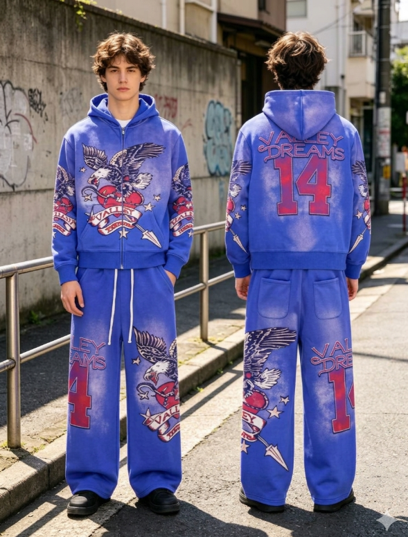 Vale Forever Blue Nostalgia Eagle Graphic Tracksuit Set