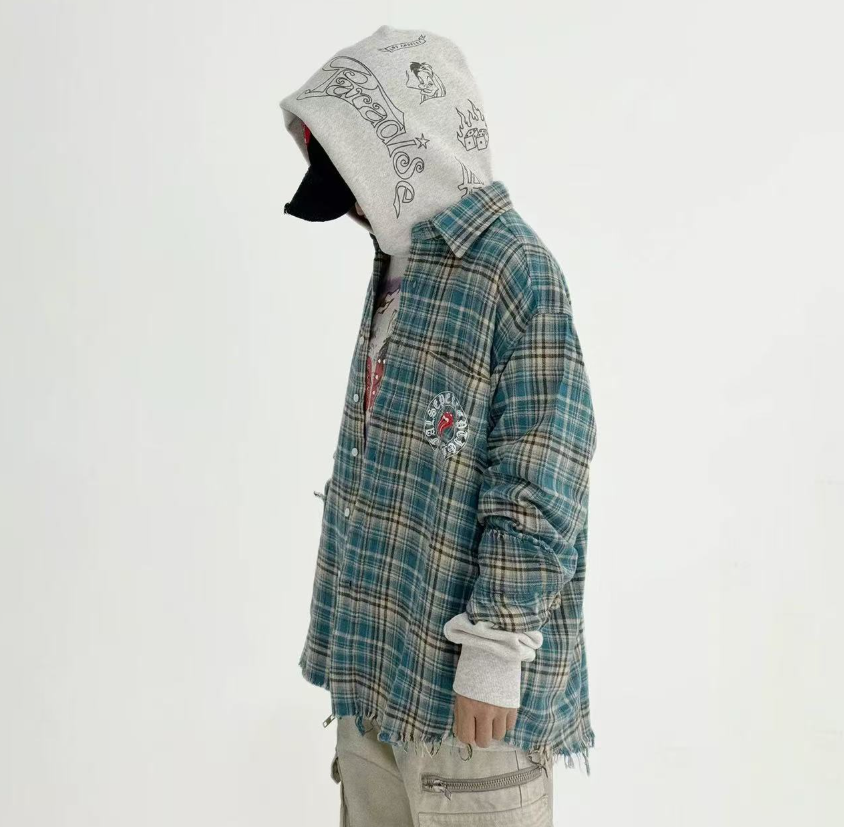 False Perception Rolling Stones Distressed Plaid Flannel