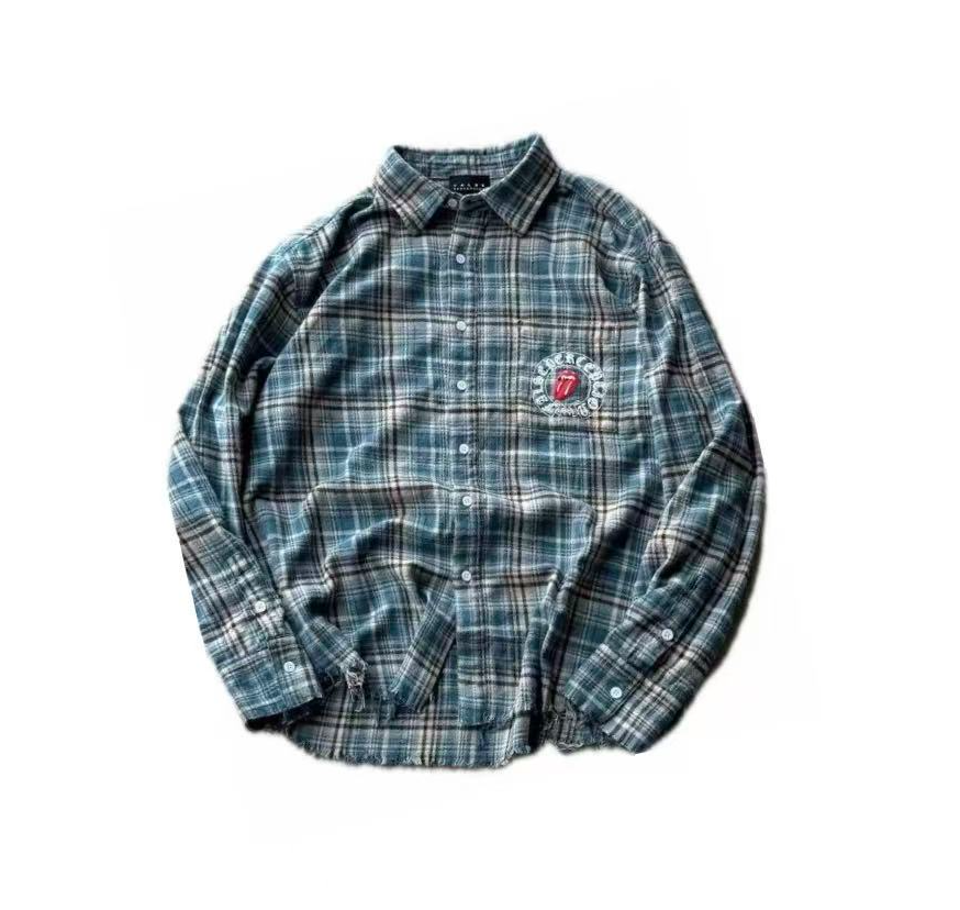 False Perception Rolling Stones Distressed Plaid Flannel