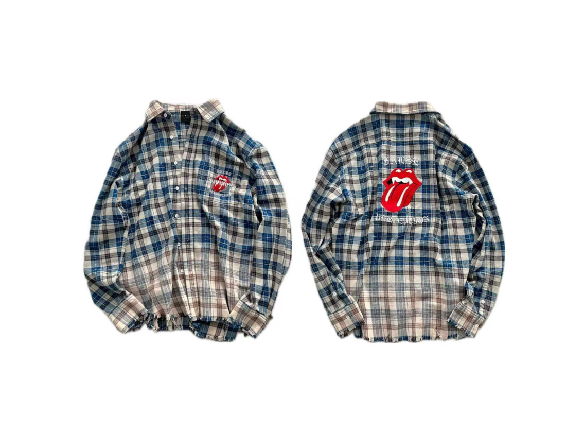 False Perception Rolling Stones Blue Brown Plaid Flannel