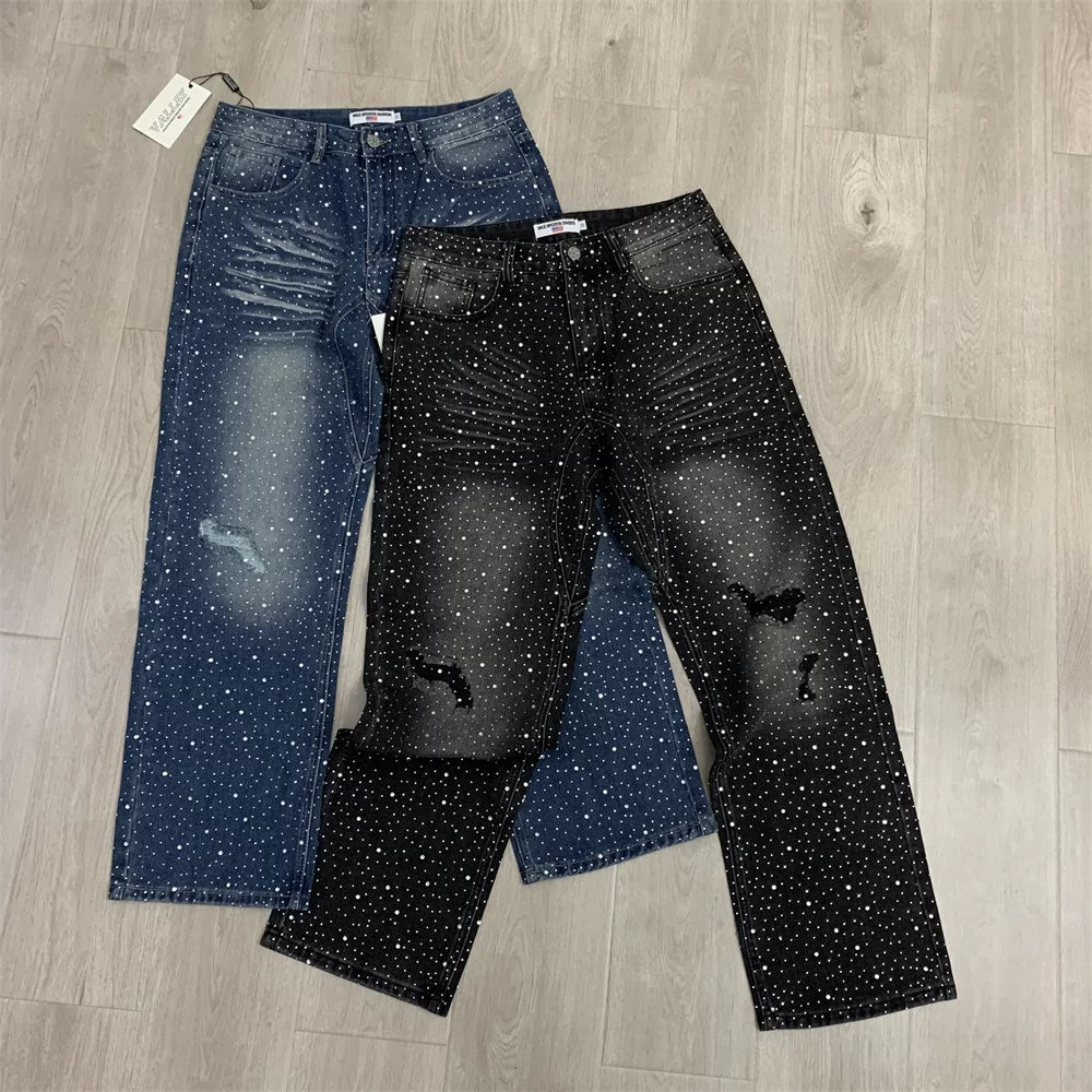 Vale Forever RAIN CLASSIC DENIM trendy brand full of hot rhinestone ripped jeans trousers