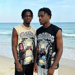 Cross border fashion brand VALE, European and American high street direct spray printing, washing water to make old, sleeveless T-shirt with shoulder, summer men's and women's fashion