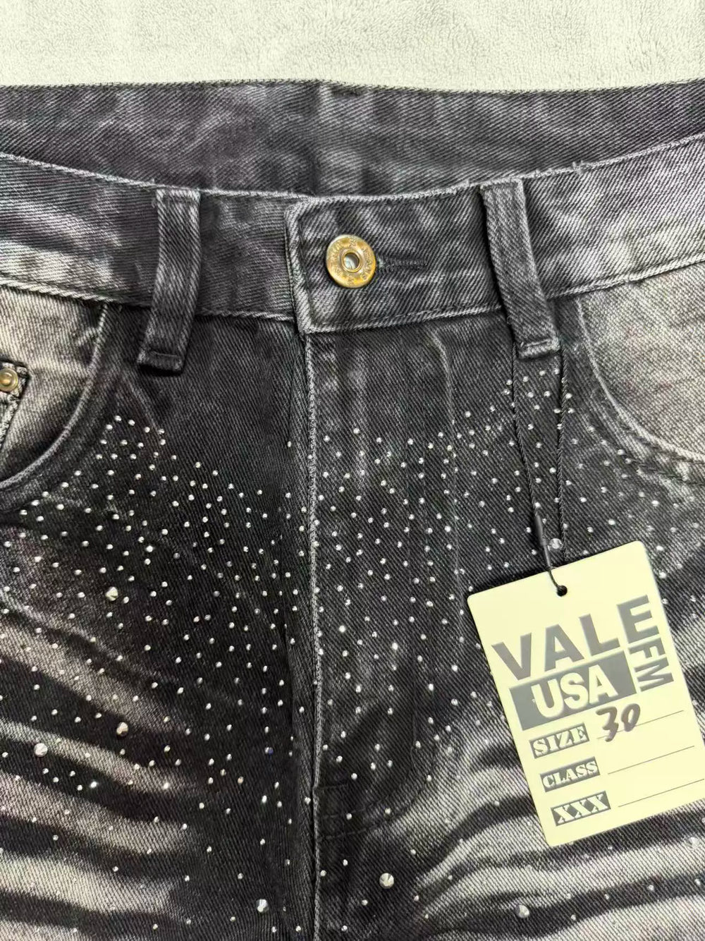 Vale's new trendy plus size jeans for men and women, black street rhinestone straight leg loose pants, suitable for all seasons