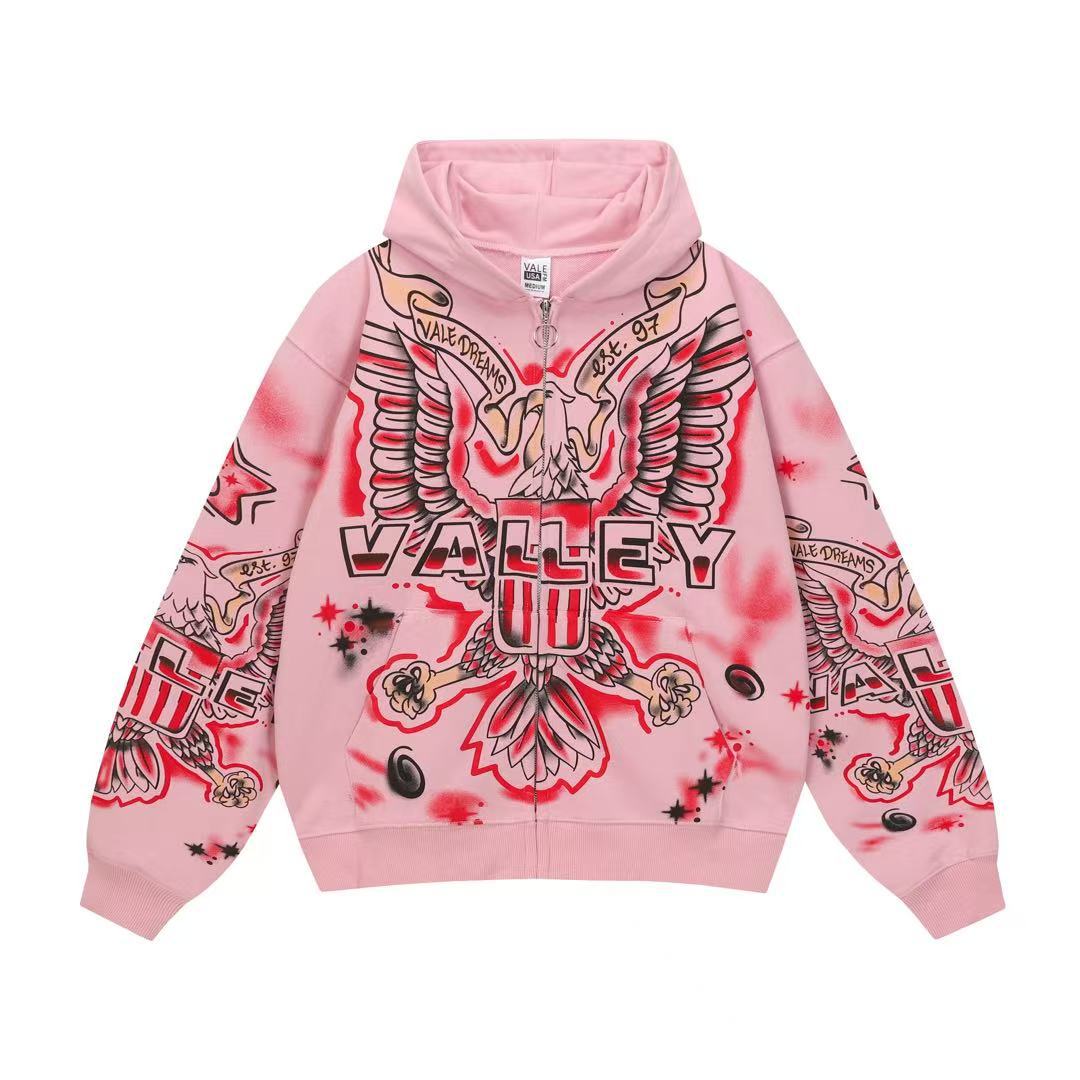 Vale Forever Pink Eagle Graphic Zip‑Up Hoodie