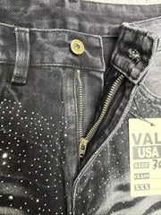 Vale's new trendy plus size jeans for men and women, black street rhinestone straight leg loose pants, suitable for all seasons