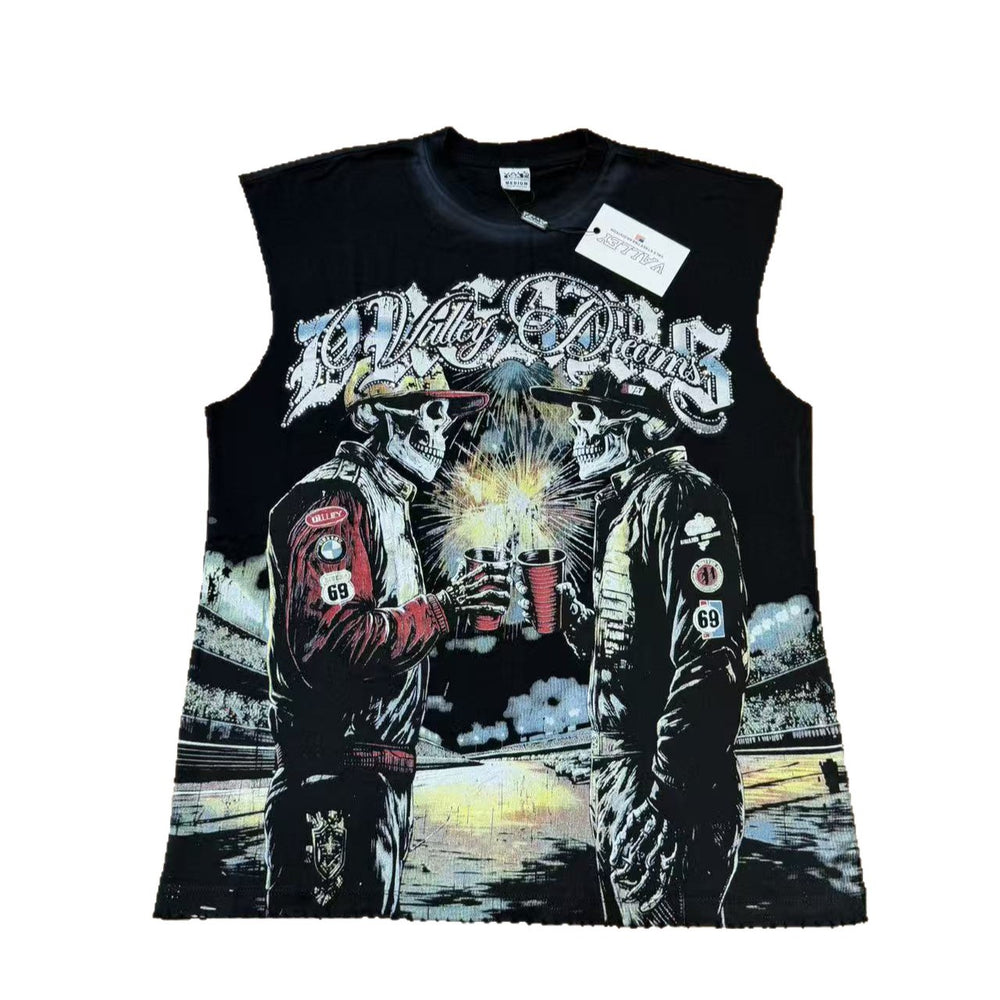 Cross border fashion brand VALE, European and American high street direct spray printing, washing water to make old, sleeveless T-shirt with shoulder, summer men's and women's fashion