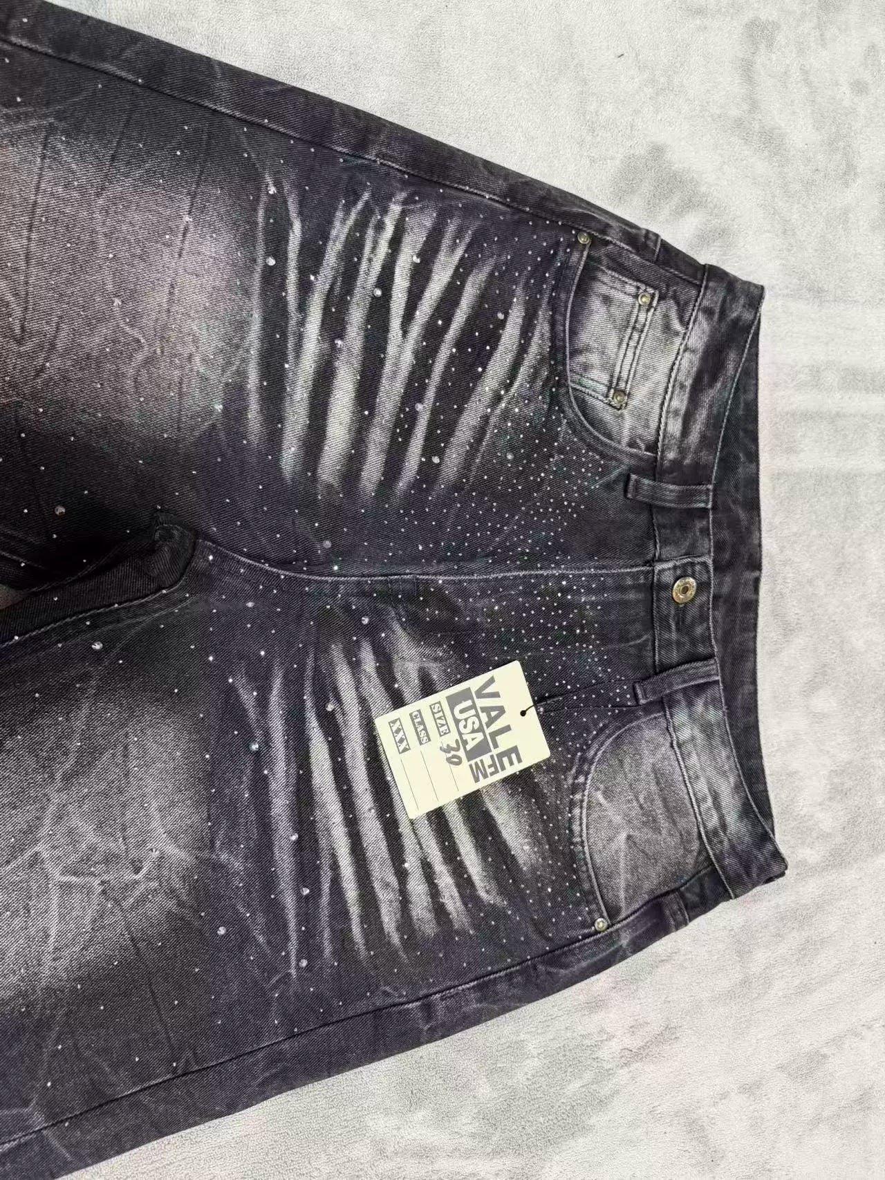 Vale's new trendy plus size jeans for men and women, black street rhinestone straight leg loose pants, suitable for all seasons