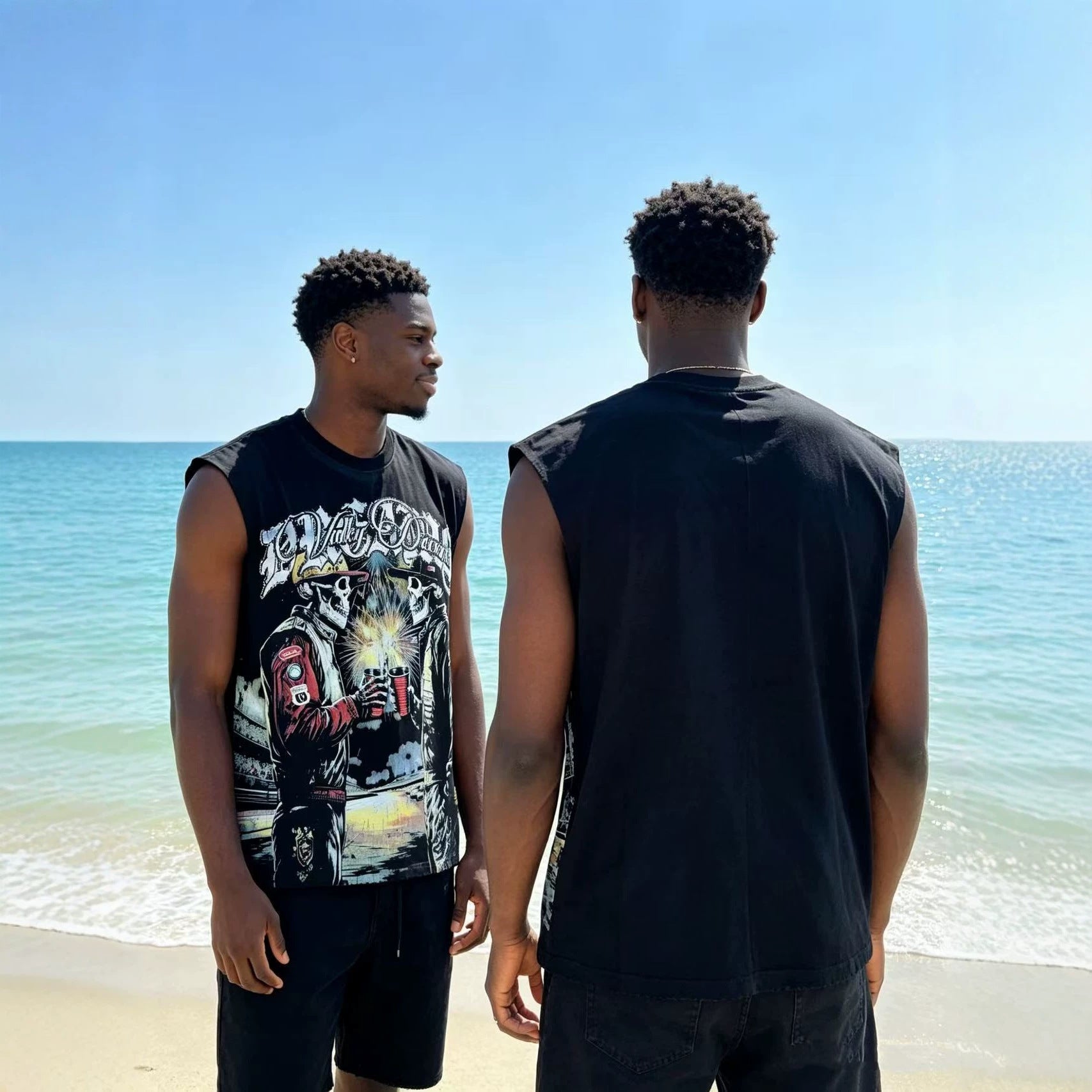 Cross border fashion brand VALE, European and American high street direct spray printing, washing water to make old, sleeveless T-shirt with shoulder, summer men's and women's fashion