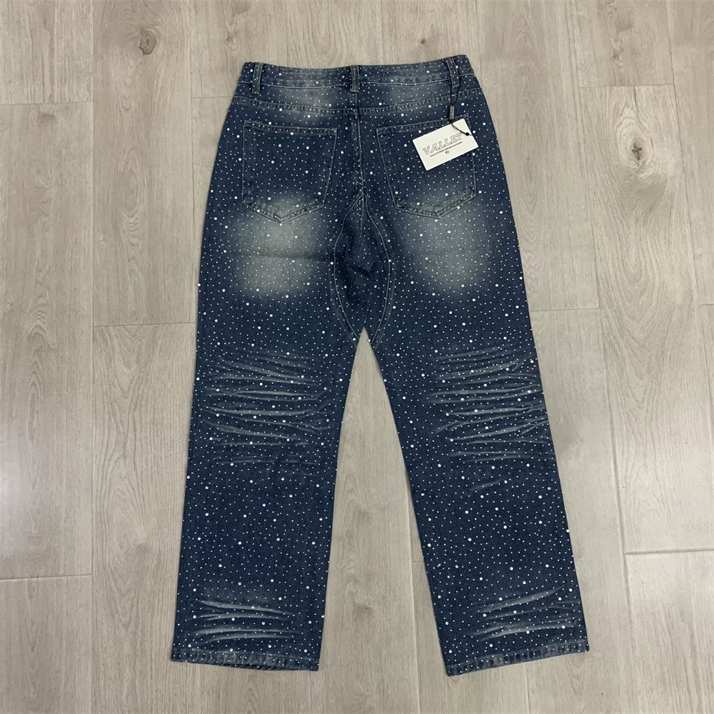 Vale Forever RAIN CLASSIC DENIM trendy brand full of hot rhinestone ripped jeans trousers