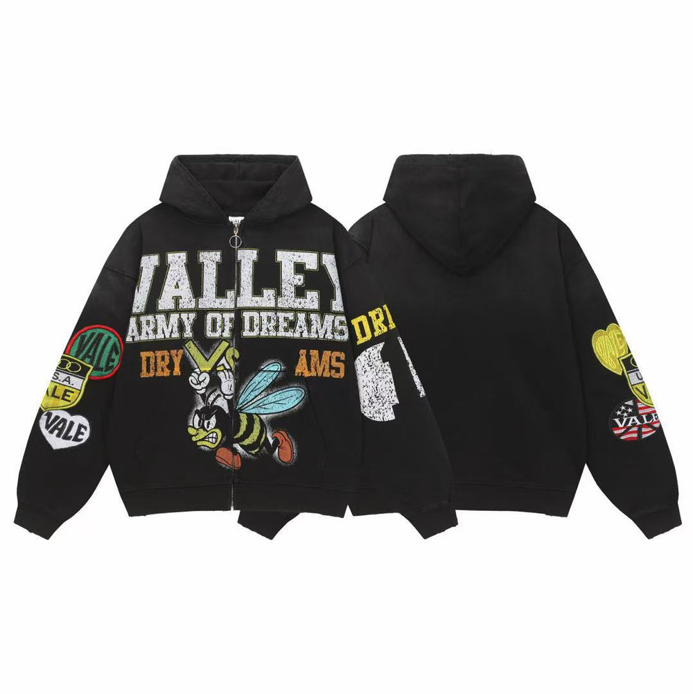 Vale Forever Bee Patchwork Zip‑Up Hoodie