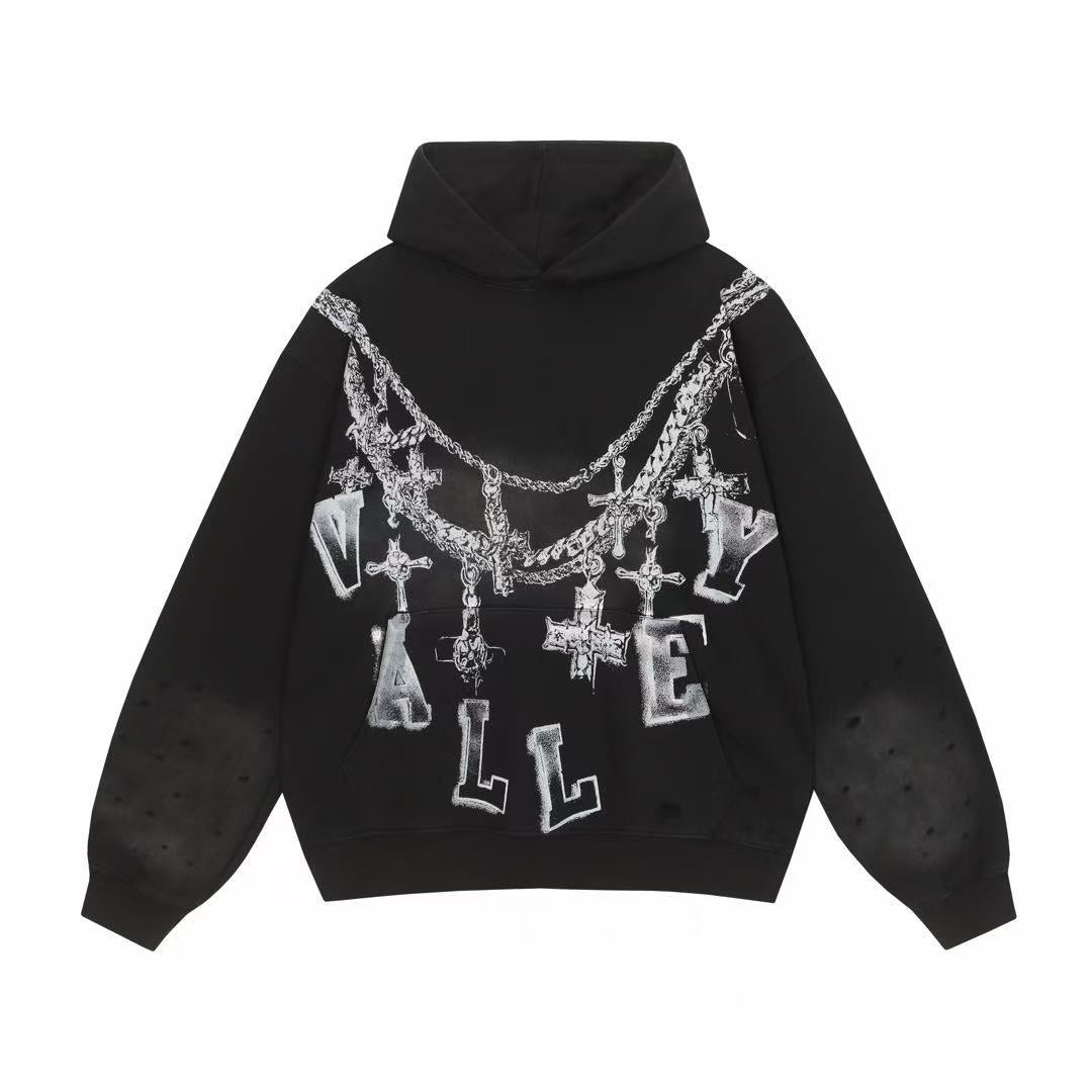 Vale Forever Chain Cross Graphic Distressed Hoodie