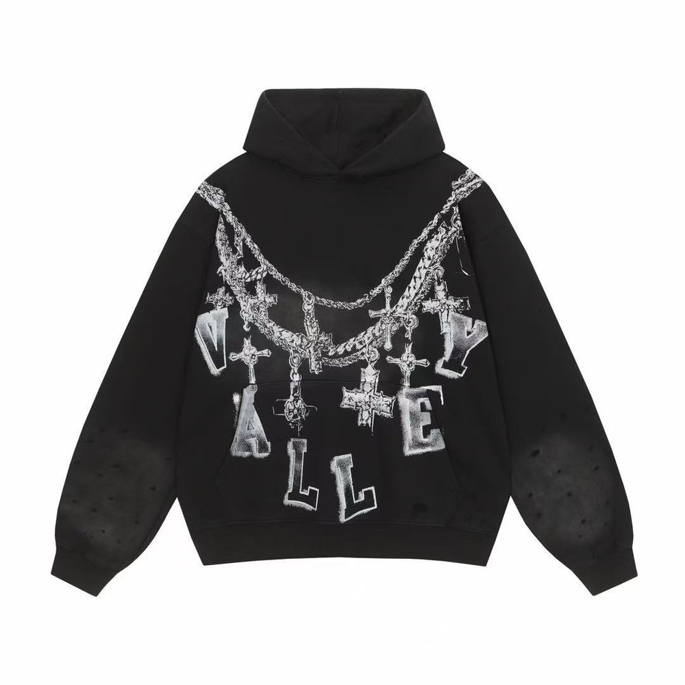 Vale Forever Chain Cross Graphic Distressed Hoodie