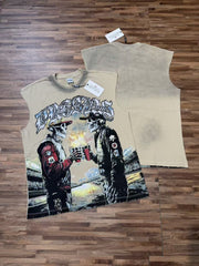 Cross border fashion brand VALE, European and American high street direct spray printing, washing water to make old, sleeveless T-shirt with shoulder, summer men's and women's fashion