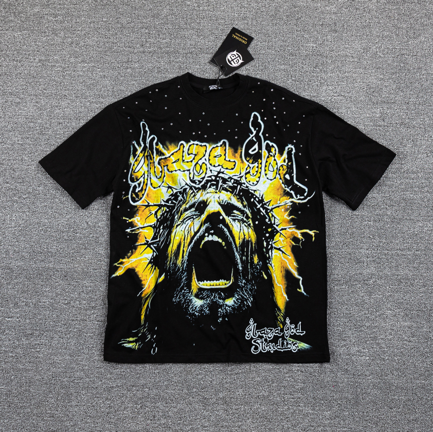 GLAZA GOD Golden Thunder Rhinestone Graphic T-Shirt