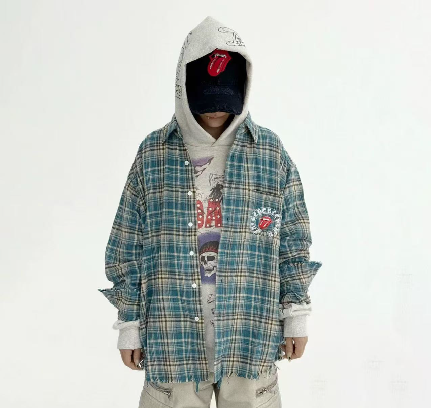 False Perception Rolling Stones Distressed Plaid Flannel