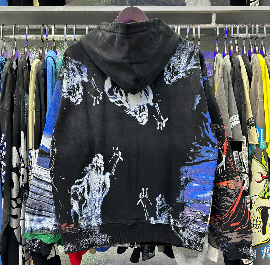 Vintage Horror Grim Reaper Graveyard Zip-Up Hoodie