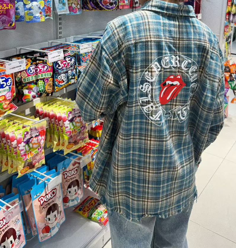 False Perception Rolling Stones Distressed Plaid Flannel
