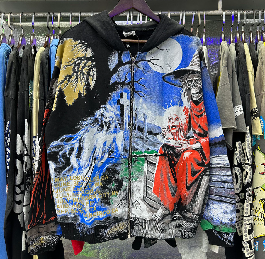 Vintage Horror Grim Reaper Graveyard Zip-Up Hoodie