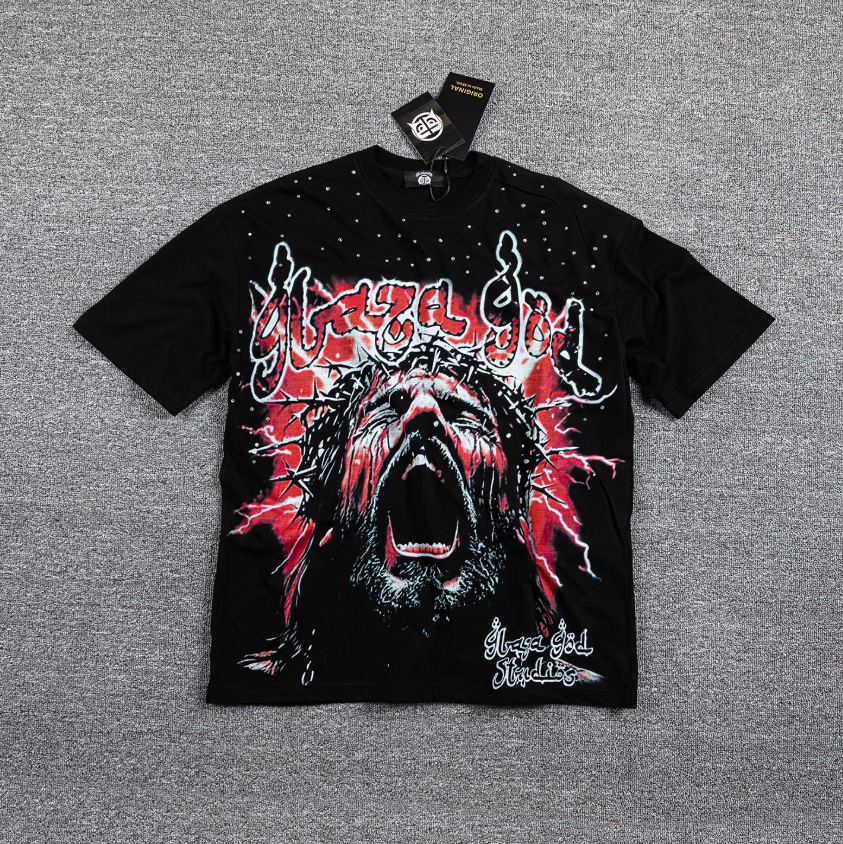 GLAZA GOD Thorns Rhinestone Lightning Graphic T-Shirt